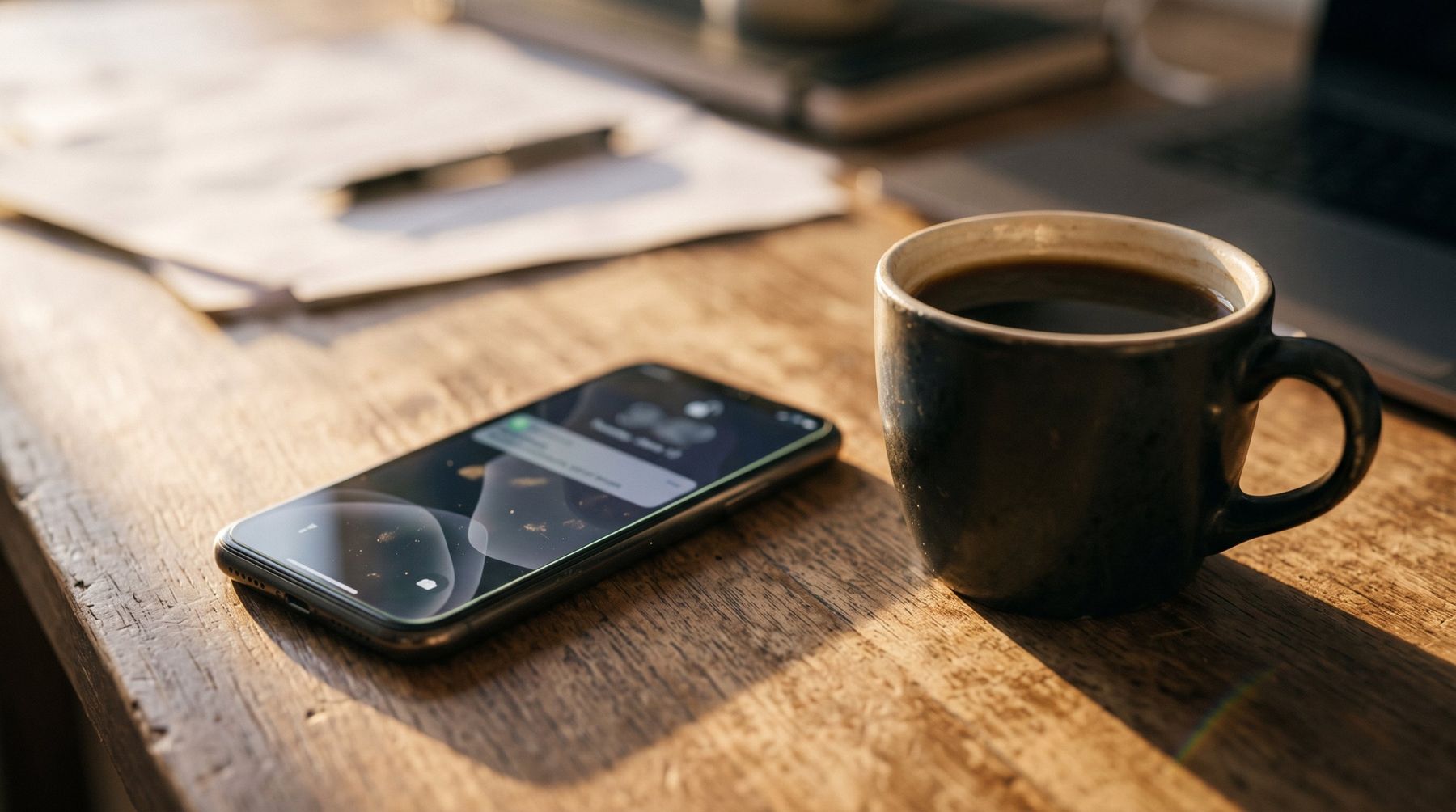 Un móvil con una notificación junto a un café, con luz de mañana