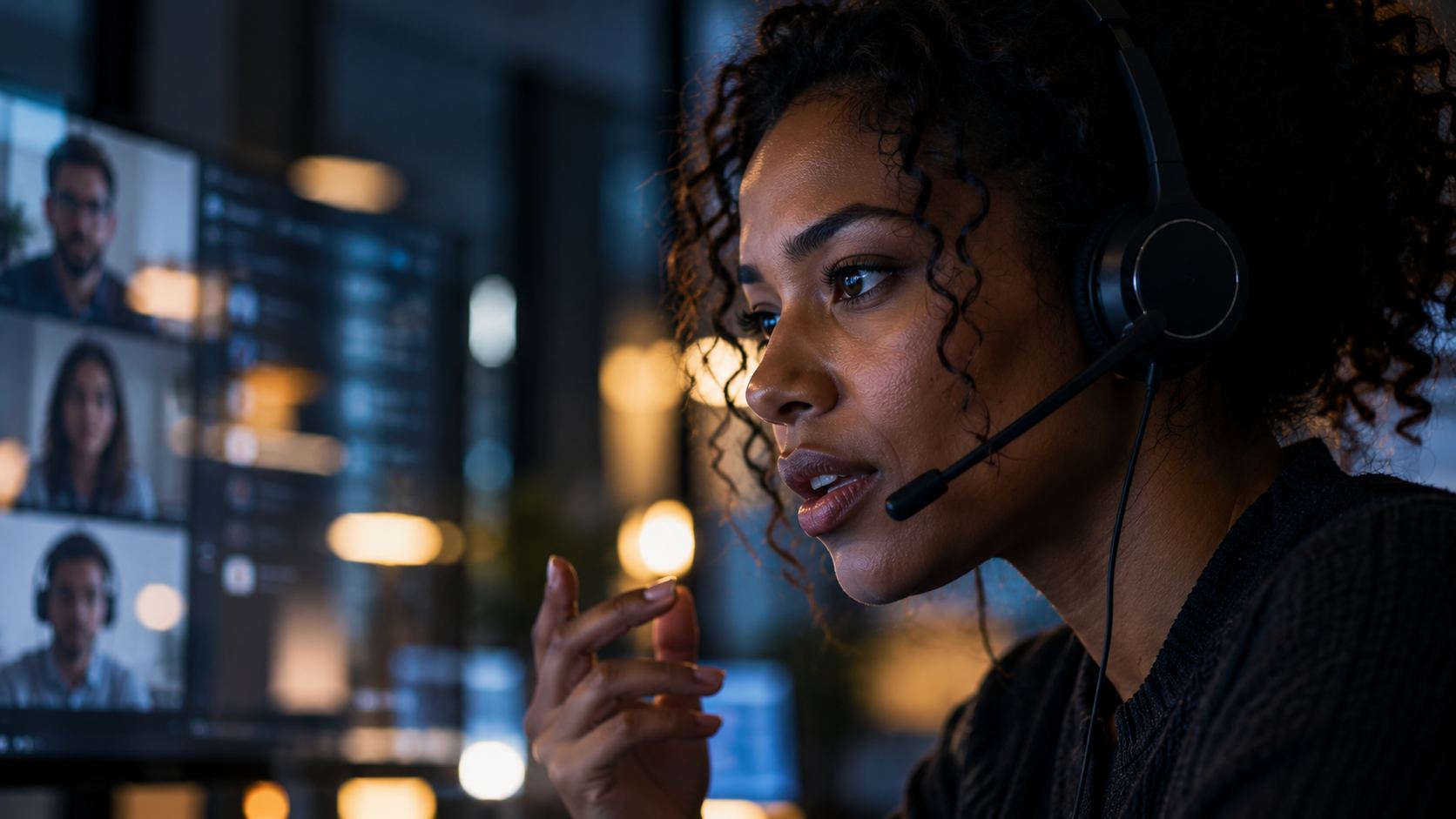 Woman with a headset on a video call, focused
