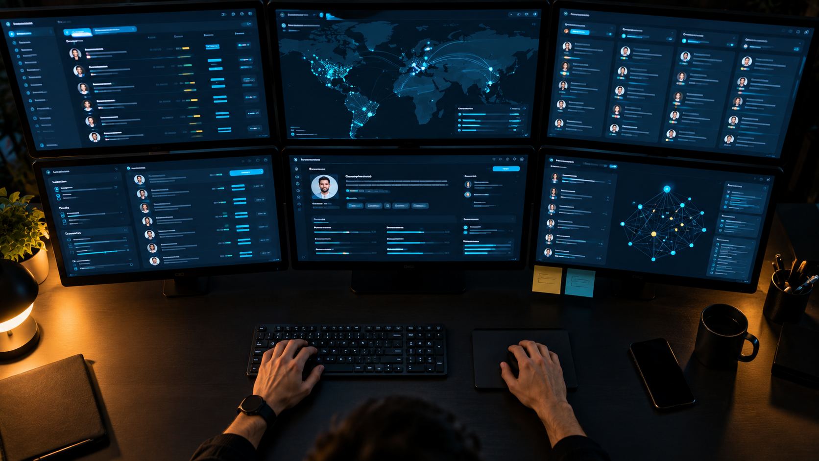 Top-down view of a desk with six screens showing profiles and a map
